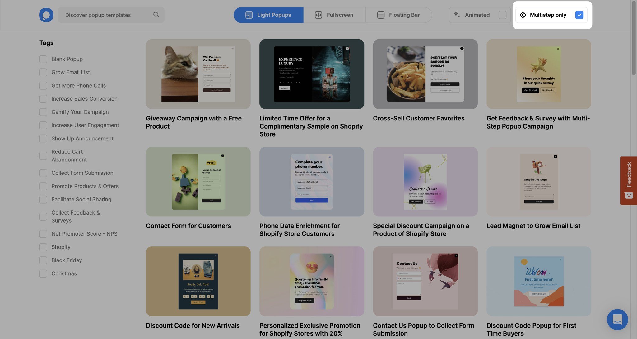 multistep popup filter highlighted on the Popupsmart template page with popup templates listed below