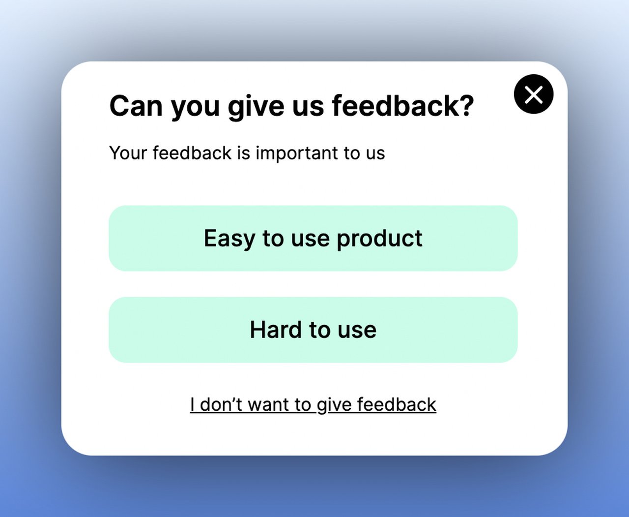 first step of a feedback multistep popup asking about product experience with easy to use and hard to use buttons
