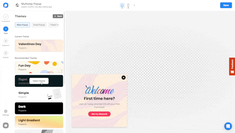 animated gif showing Popupsmart theme engine with different popup themes being applied