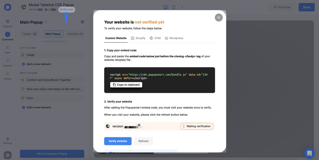 Popupsmart'ın gömülü kod modalı