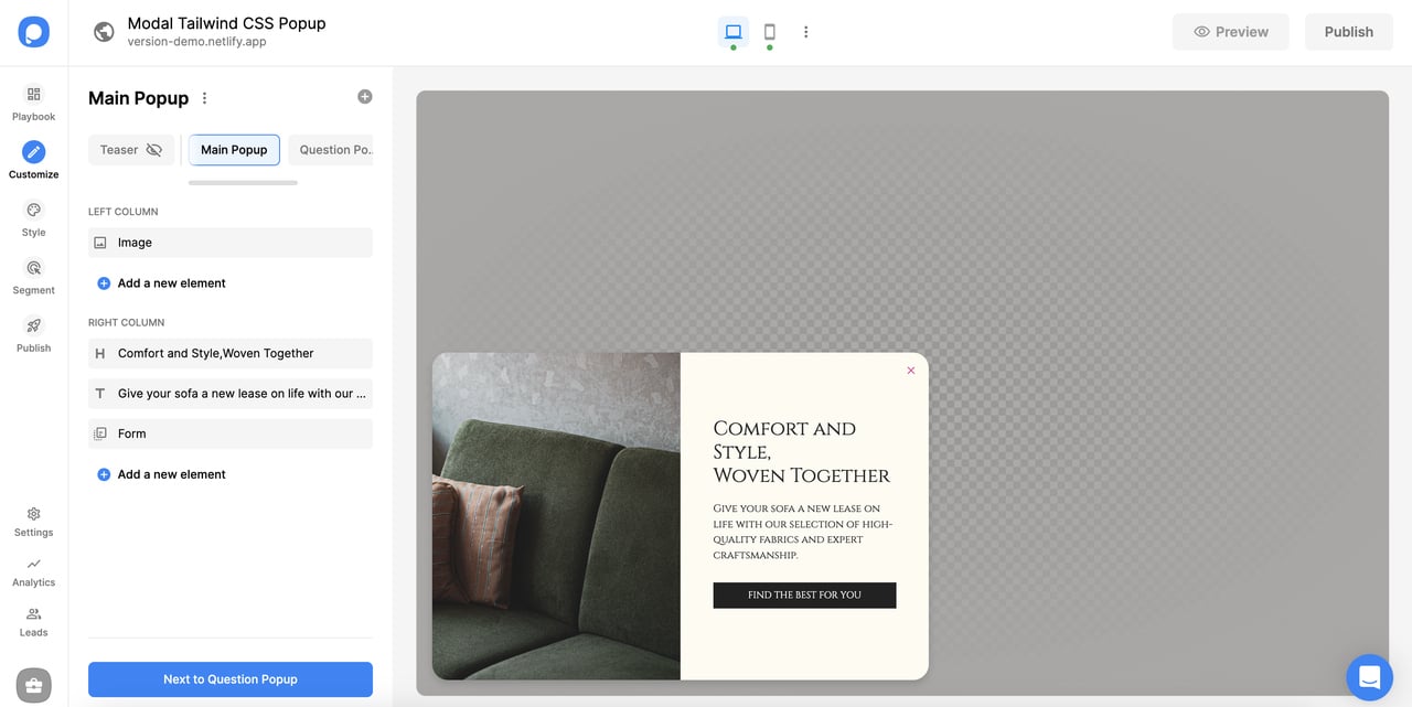 Popupsmart panosunda bir popup'ın özelleştirilmesi