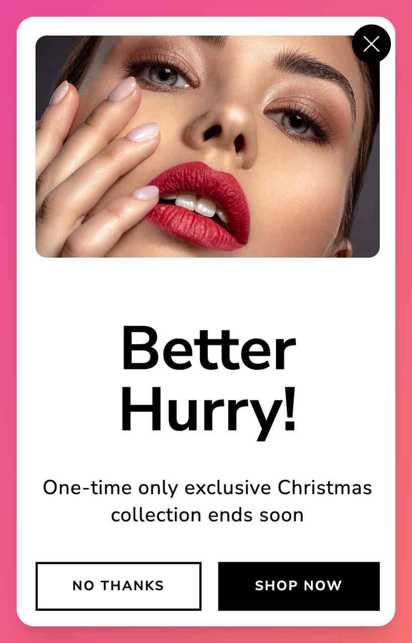 Üzerinde 'Acelem Var!' yazısı bulunan, kırmızı ruj sürmüş güzel bir kızın yer aldığı bir popup resmi, Noel için özel bir teklifi tanıtıyor.