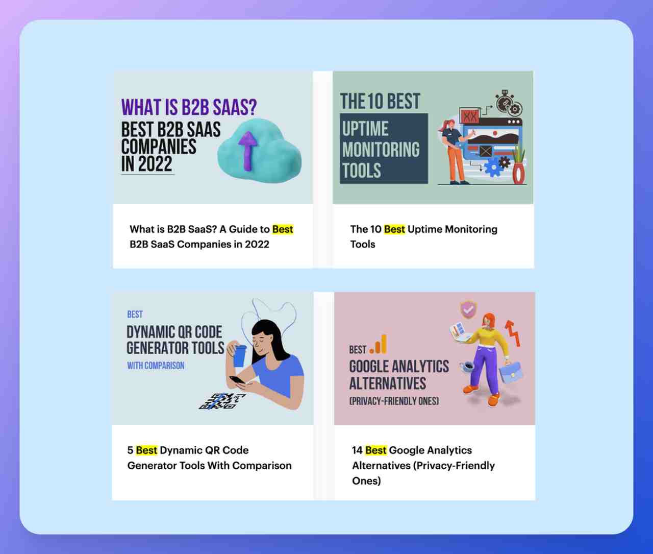 Başlıklarında "En İyi" tetikleyici kelimeyi içeren 4 farklı Popupsmart blog yazısı manşetini ve kapak resimlerini içeren bir görsel
