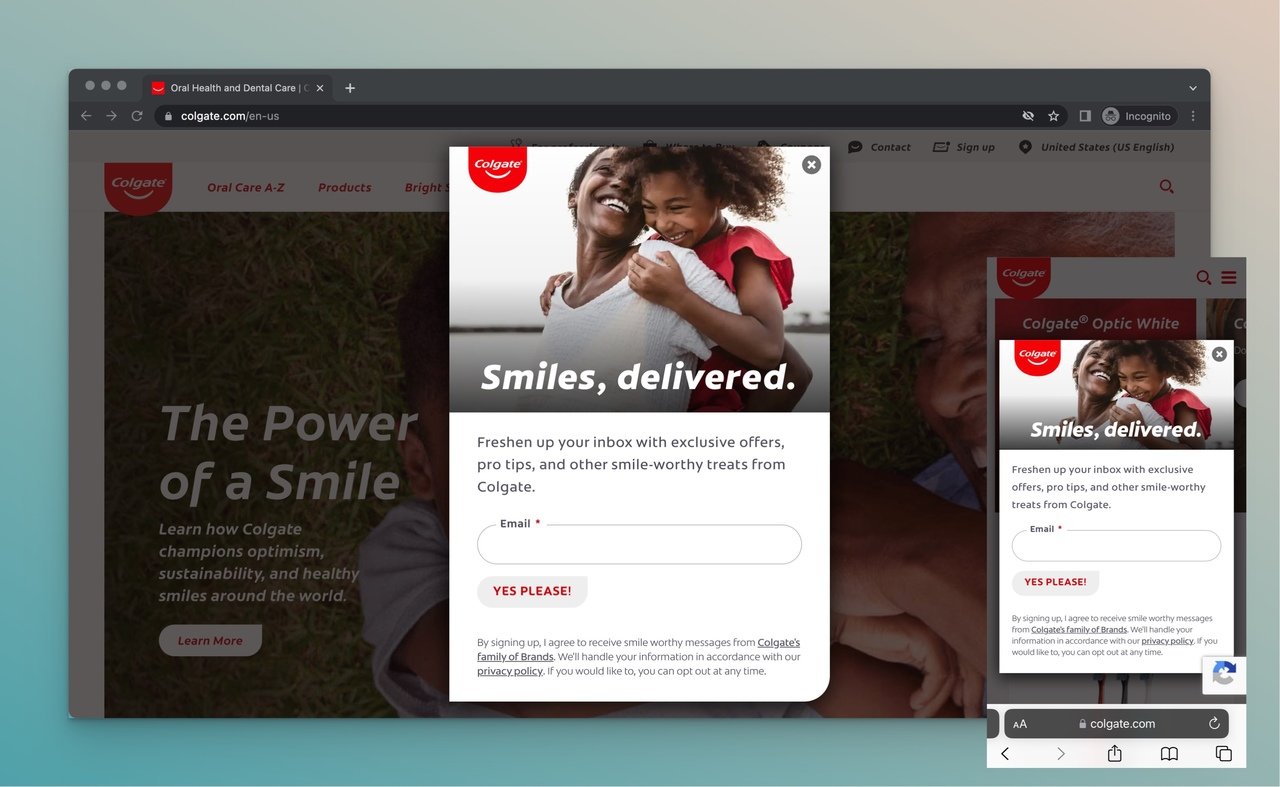 Ana sayfada çıkan Colgate popup'ının görünümü