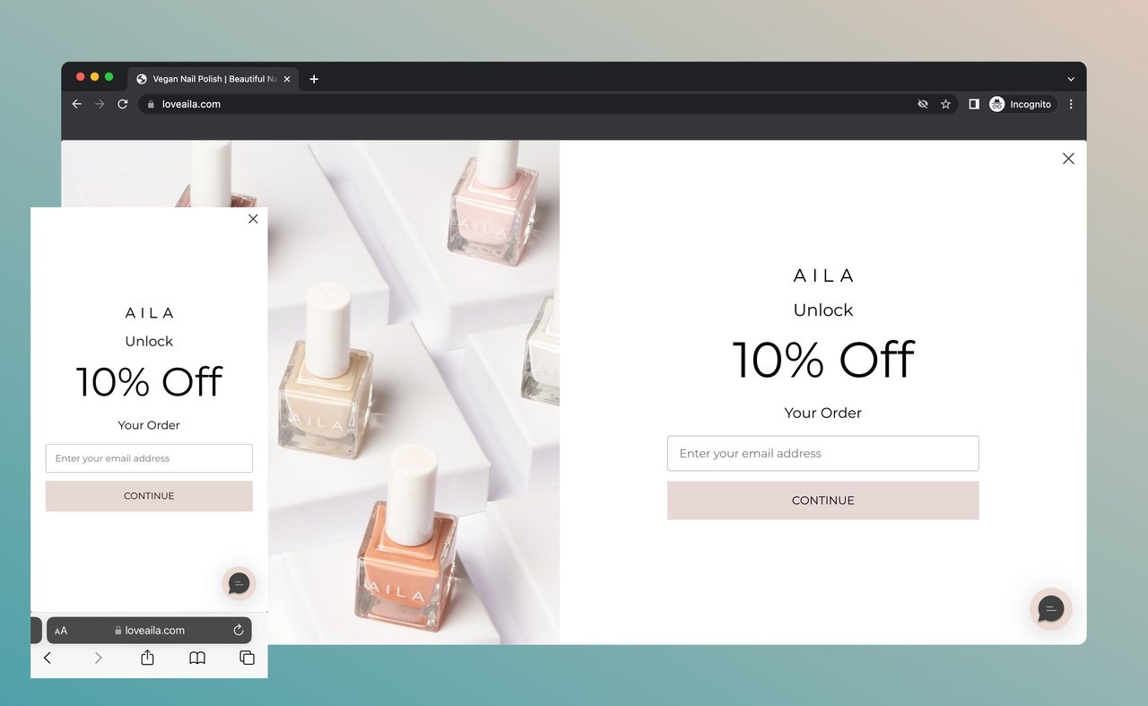Aila Cosmetics'in masaüstü ve mobil cihazlardaki açılır penceresi