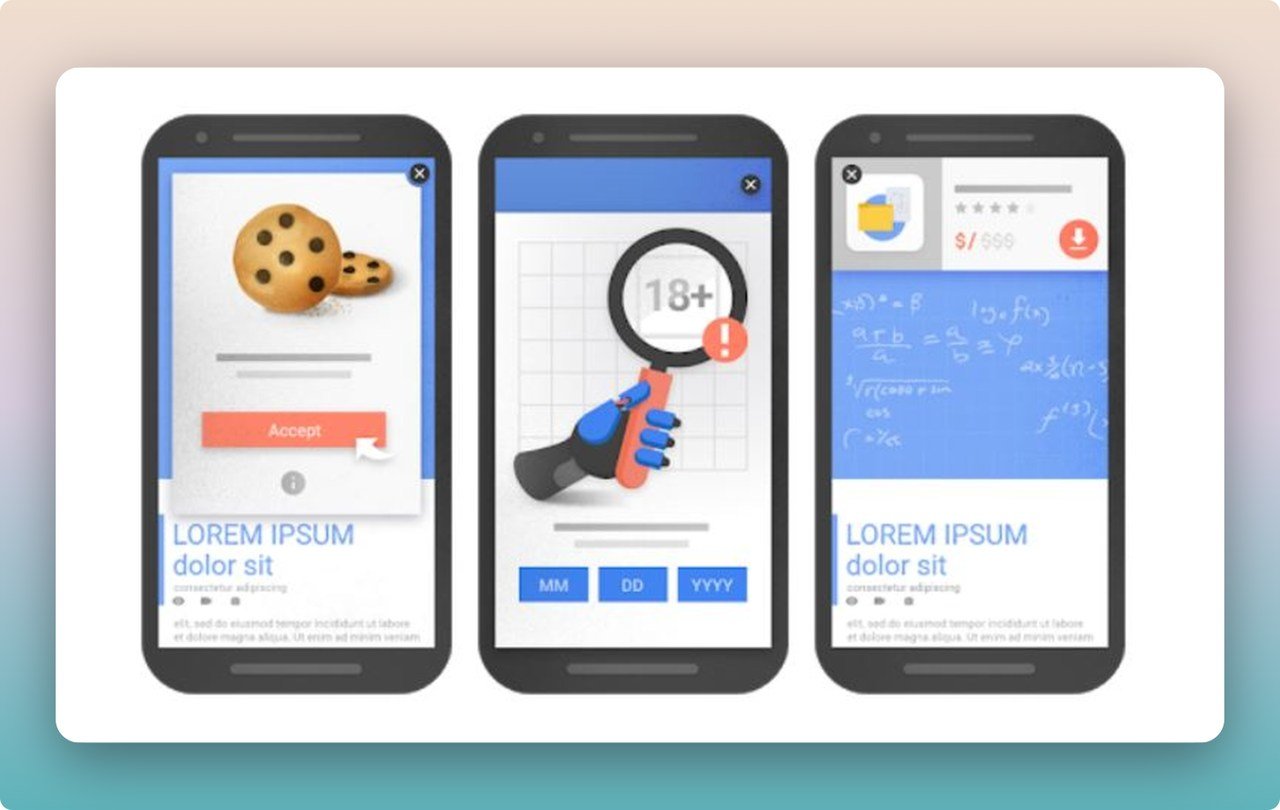 Google'ın kabul edilebilir mobil popup örneklerini gösteren üç farklı optimize edilmiş mobil popup versiyonu
