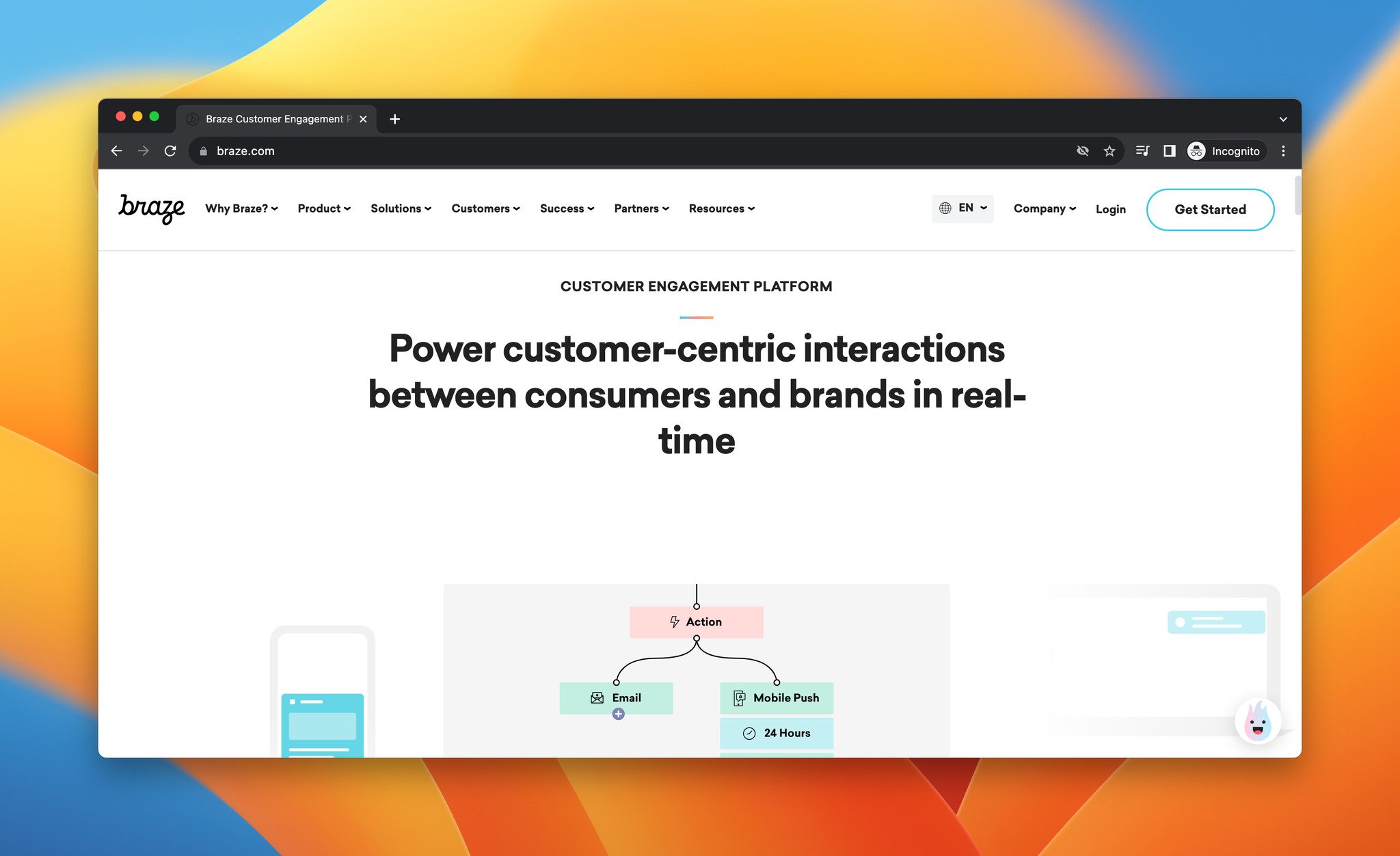 Braze mobile marketing tool landing page screenshot showing cross-channel customer engagement