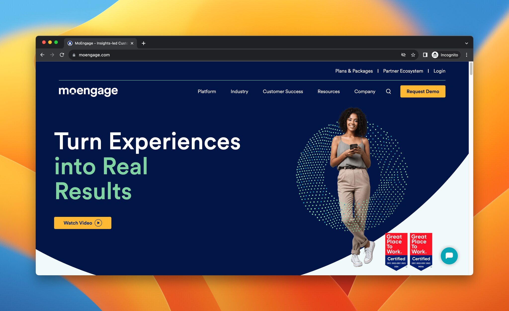 MoEngage mobile marketing tool landing page screenshot showing push notifications and in-app communication features