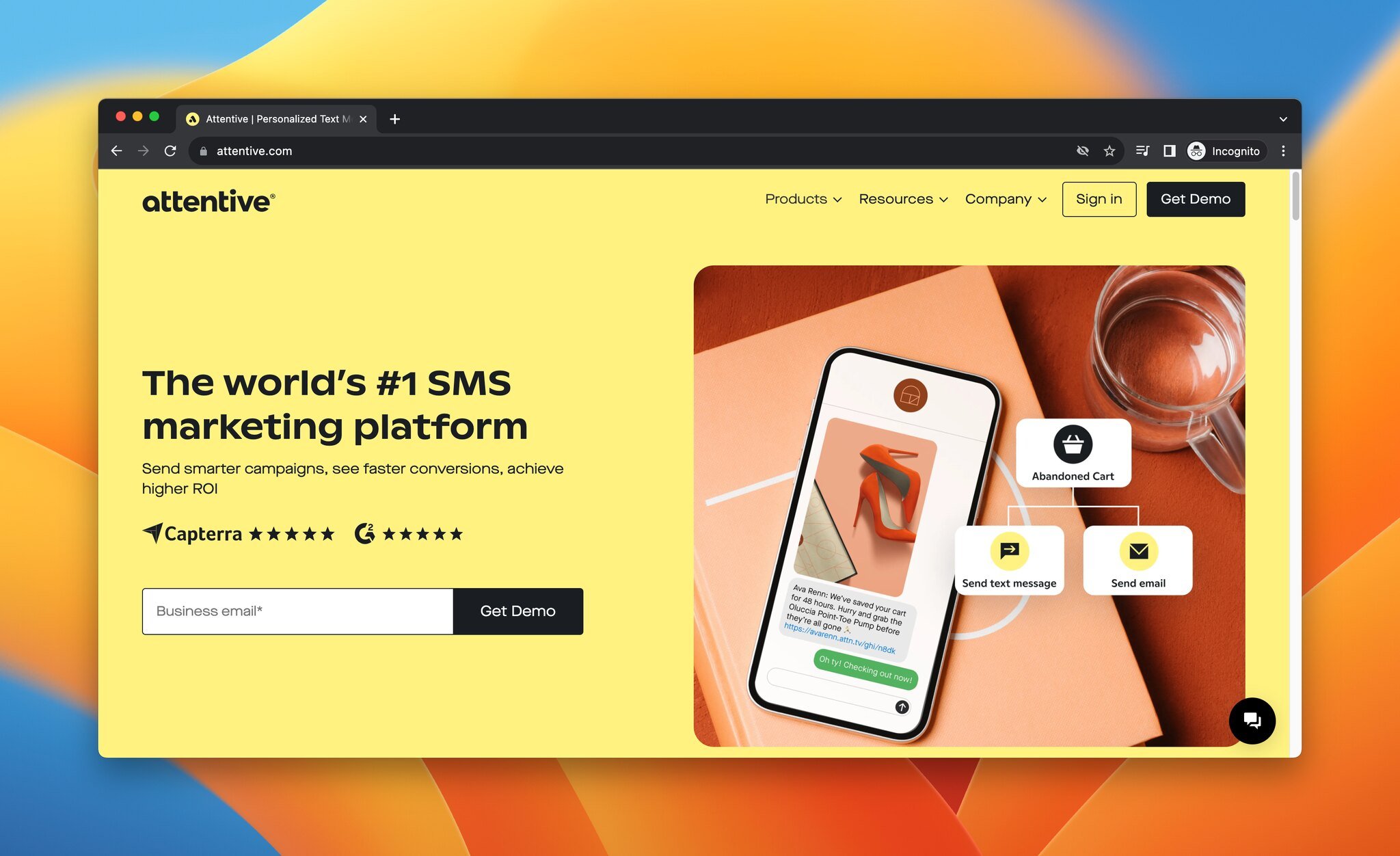 Attentive mobile marketing tool landing page screenshot showing personalized SMS messaging features
