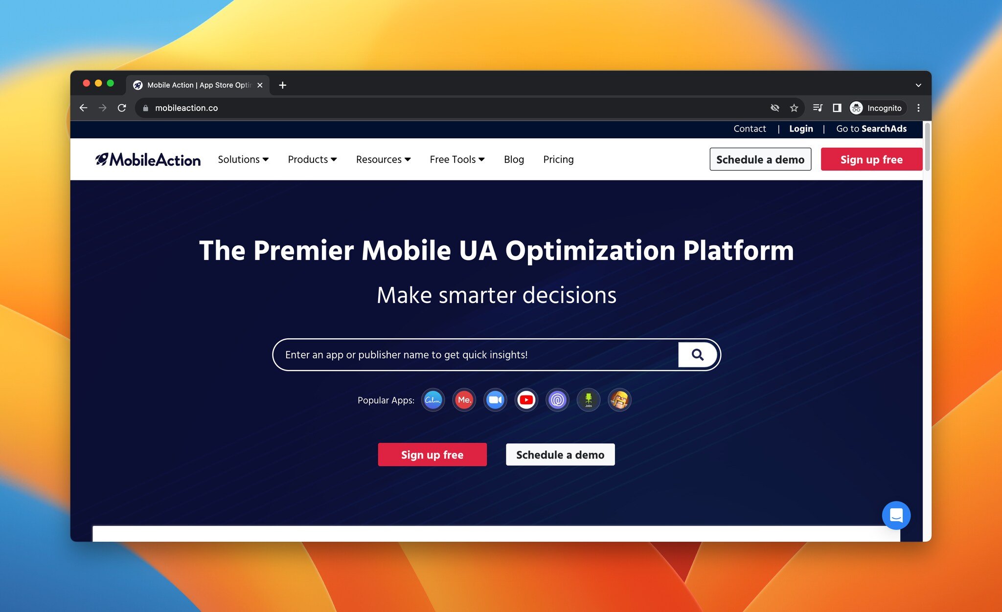 Mobile Action mobile marketing tool landing page screenshot showing app store optimization and competitor tracking