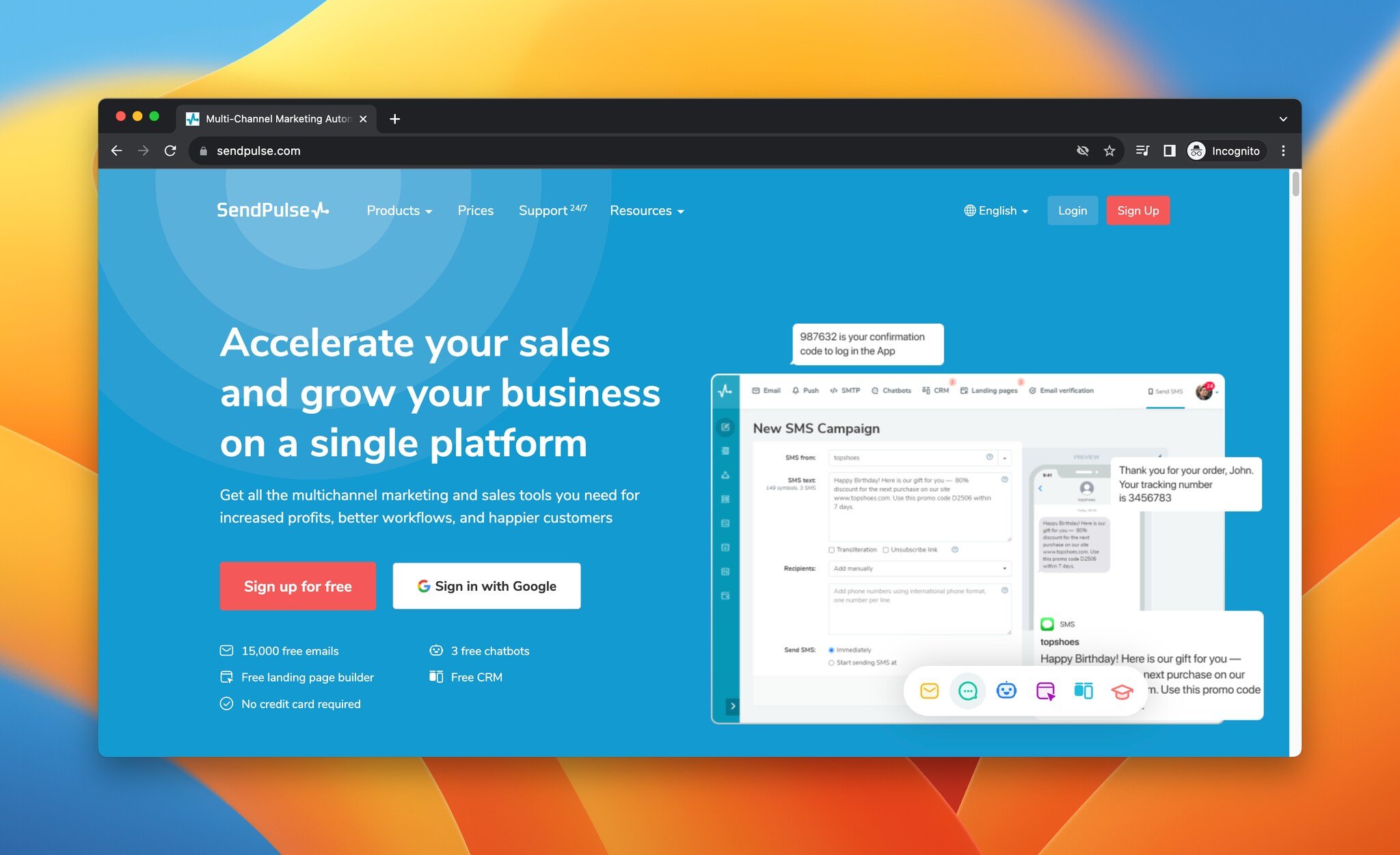SendPulse mobile marketing tool landing page screenshot showing multichannel marketing automation features