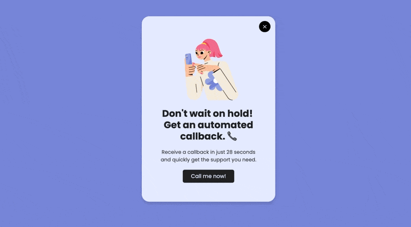 animated mobile marketing popup example offering an automated callback for customer support