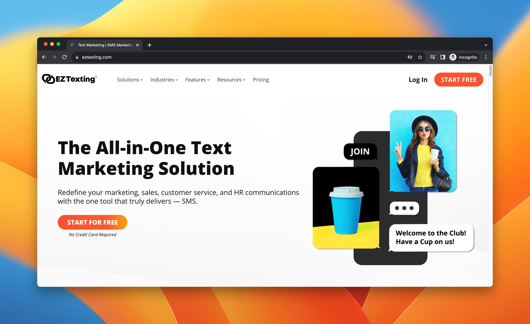 EZ Texting mobile marketing tool landing page screenshot showing SMS marketing and MMS campaign features