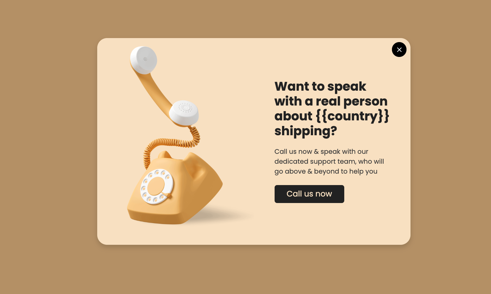 mobile marketing popup example about country shipping designed to get more phone calls