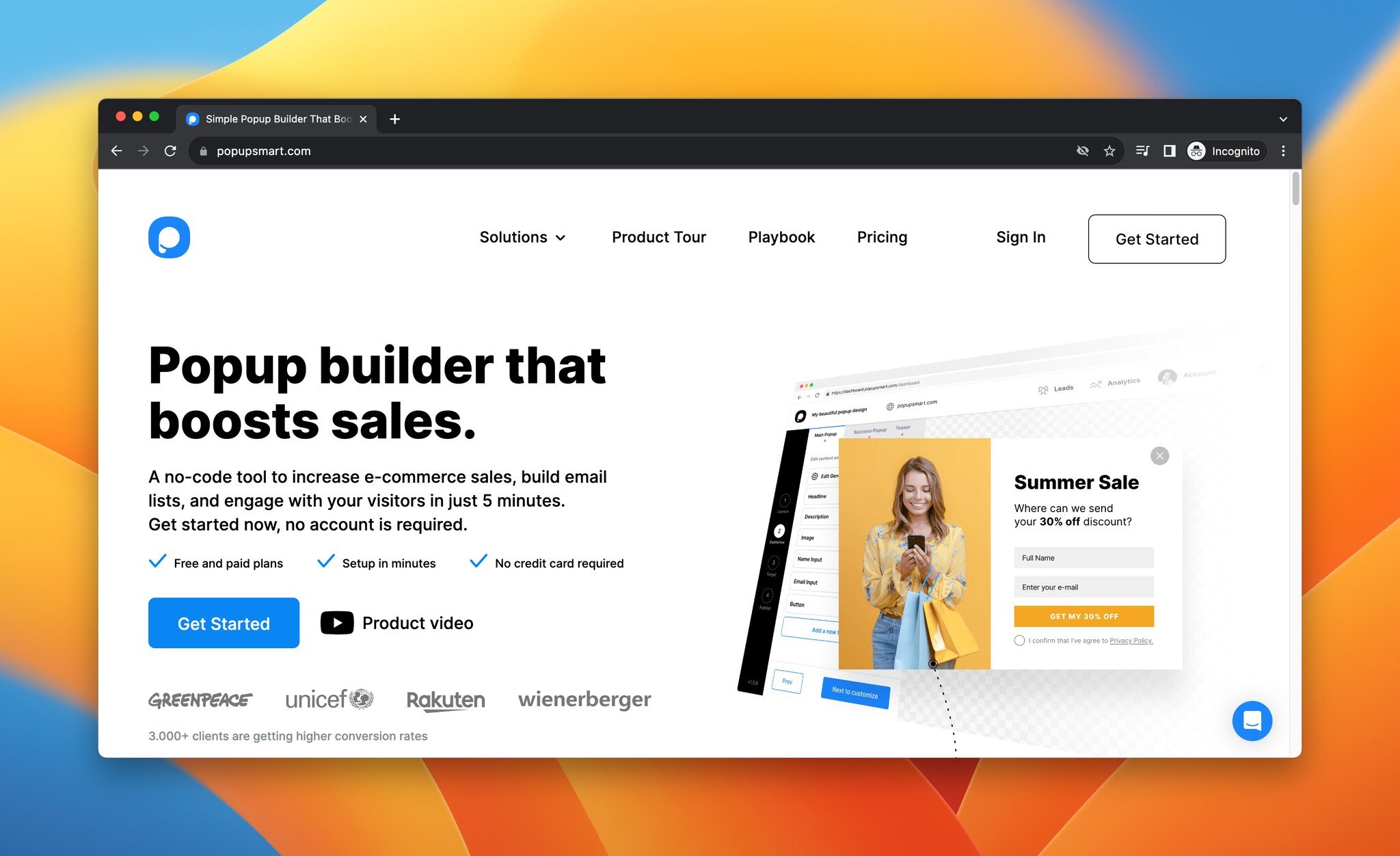 Popupsmart mobile marketing tool landing page screenshot showing the no-code popup builder