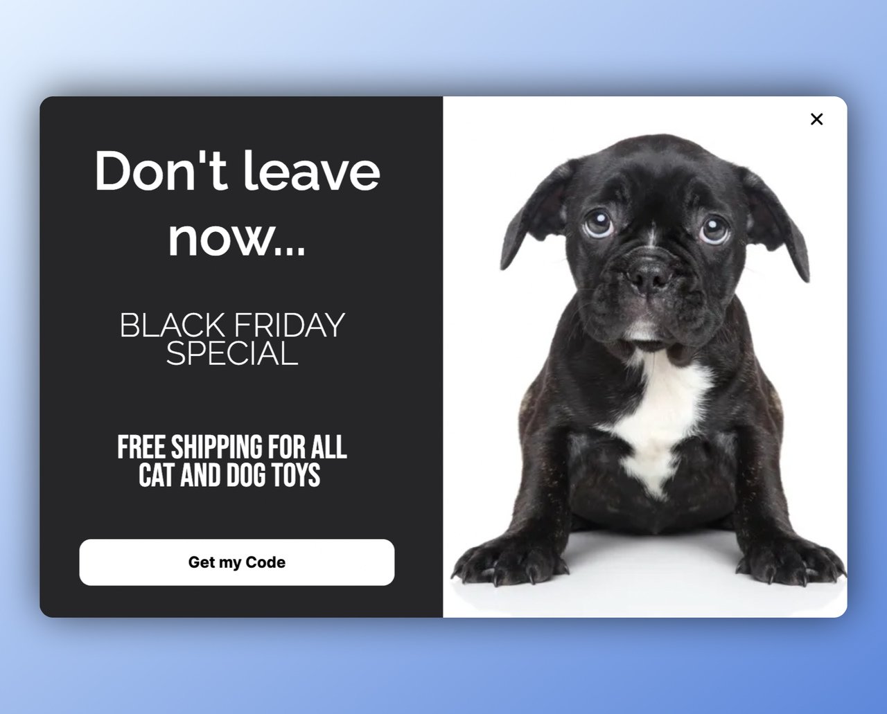 Sağda üzüntülü siyah beyaz bir köpek yavrusu ve solda 'kodumu gönder' düğmesi ile birlikte ücretsiz kargo teklifi içeren Black Friday çıkış niyeti popup'ı