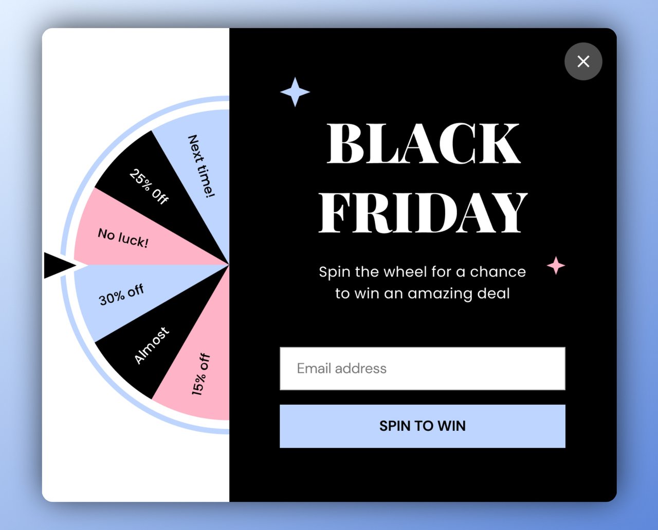 Solunda bir çarkıfelek ve sağında bir e-posta kutusu bulunan, siyah arka planda bir "döndür" düğmesi ile Black Friday oyunlaştırılmış popup'ı