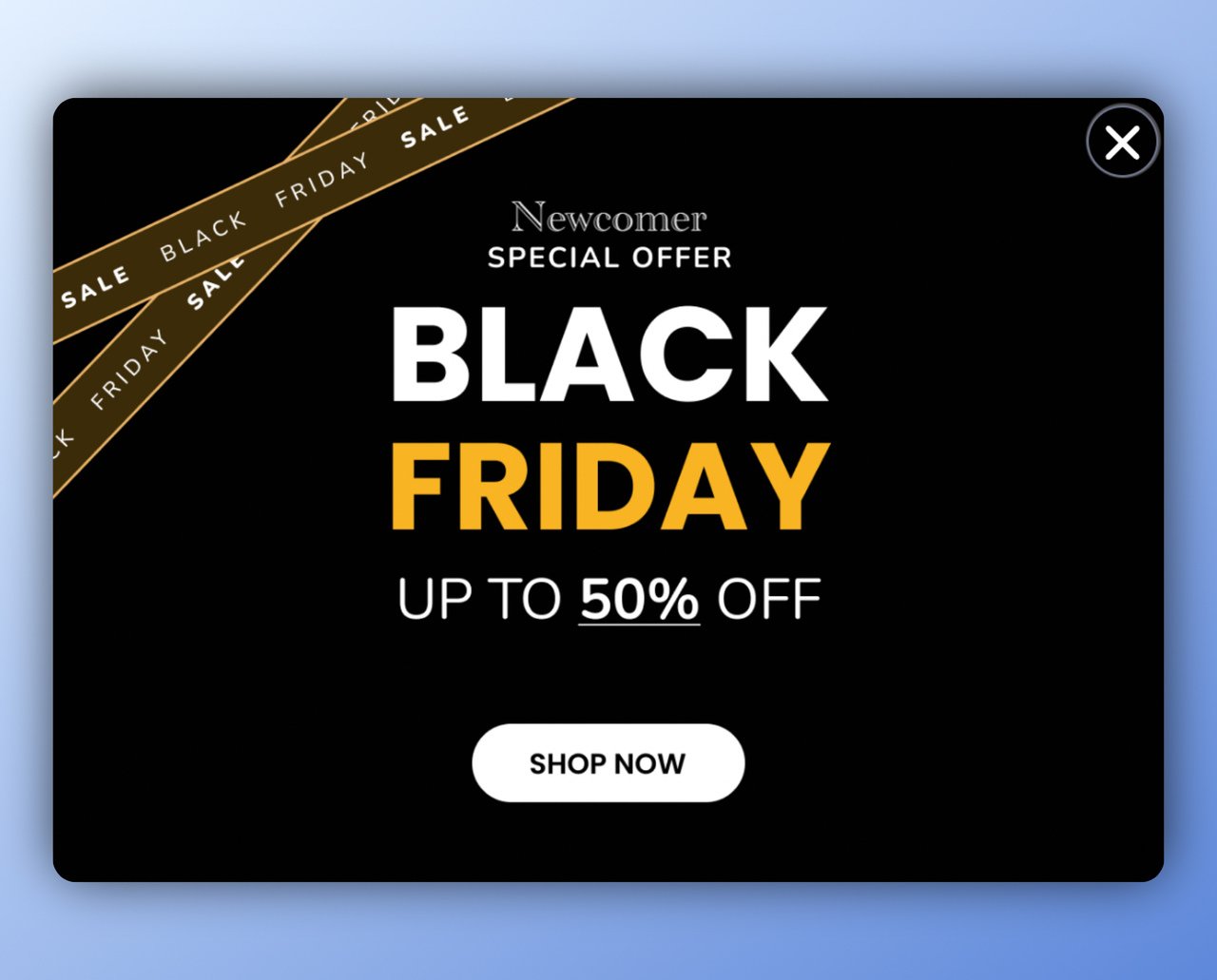Sol üst köşede 'Black Friday İndirimi' bannerı ve 'şimdi alışveriş yap' düğmesi olan özel bir teklif popu