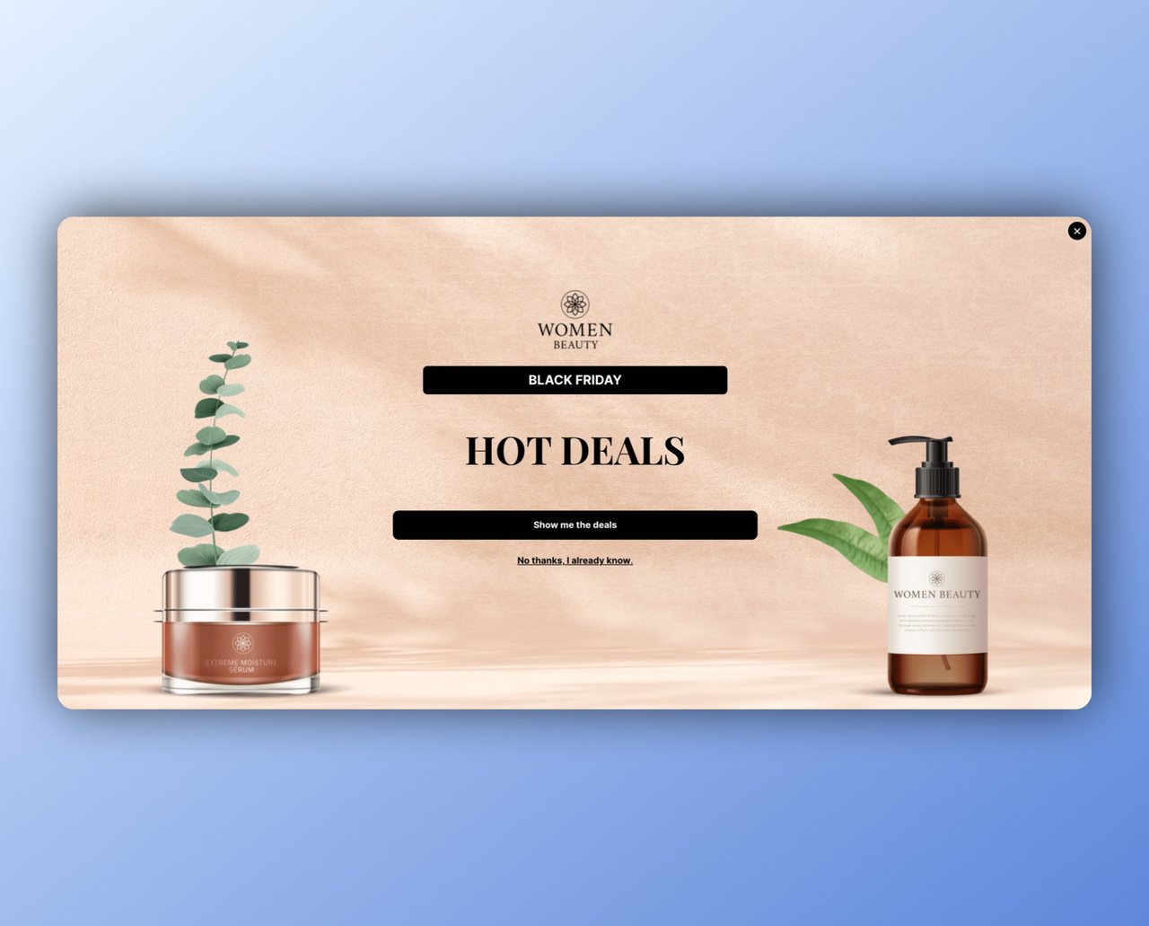 Her iki yanında iki farklı krem kutusu ve ortada Black Friday ile ilgili metin bulunan tam ekran pop-up