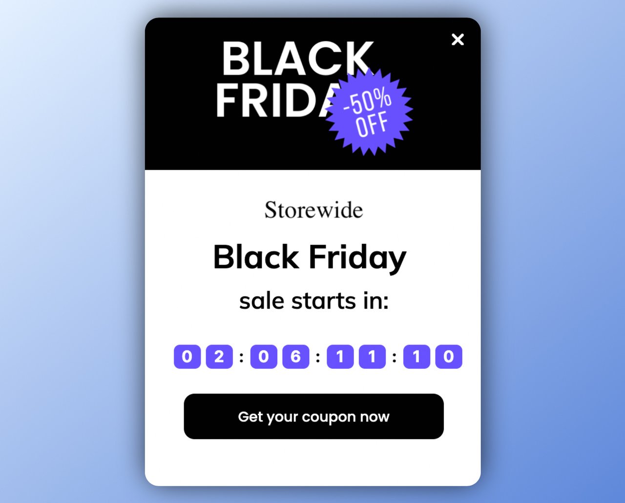 Bir geri sayım sayacı ve altında bir düğme bulunan Black Friday ön satış duyuru pop-up'ı