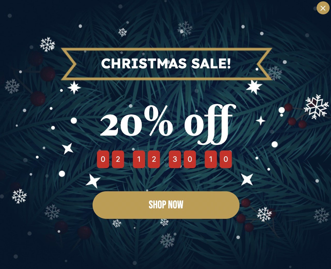 Christmas sale popup with a red countdown timer and a gold “Shop Now” button
