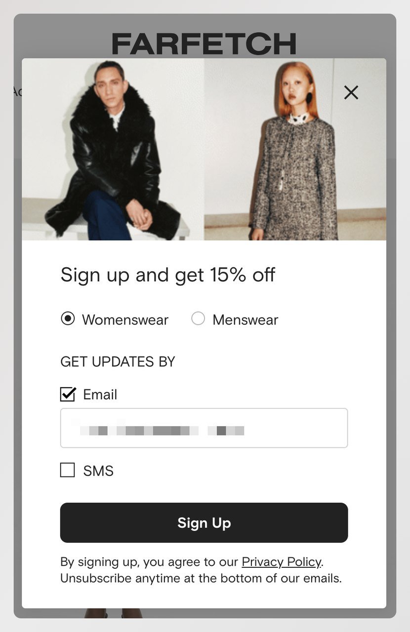 Farfetch personalized cart abandonment popup using smart tags to prefill gender and email for 15% off