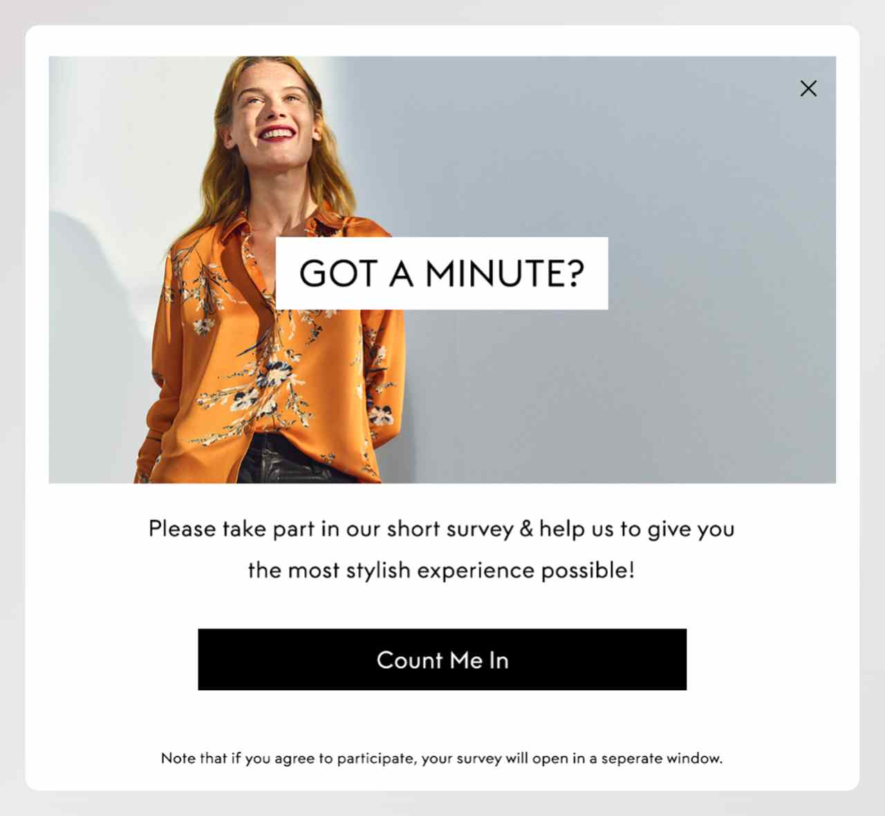 The Outnet Got a Minute survey popup offering a 15% discount in return for feedback on the shopping experience