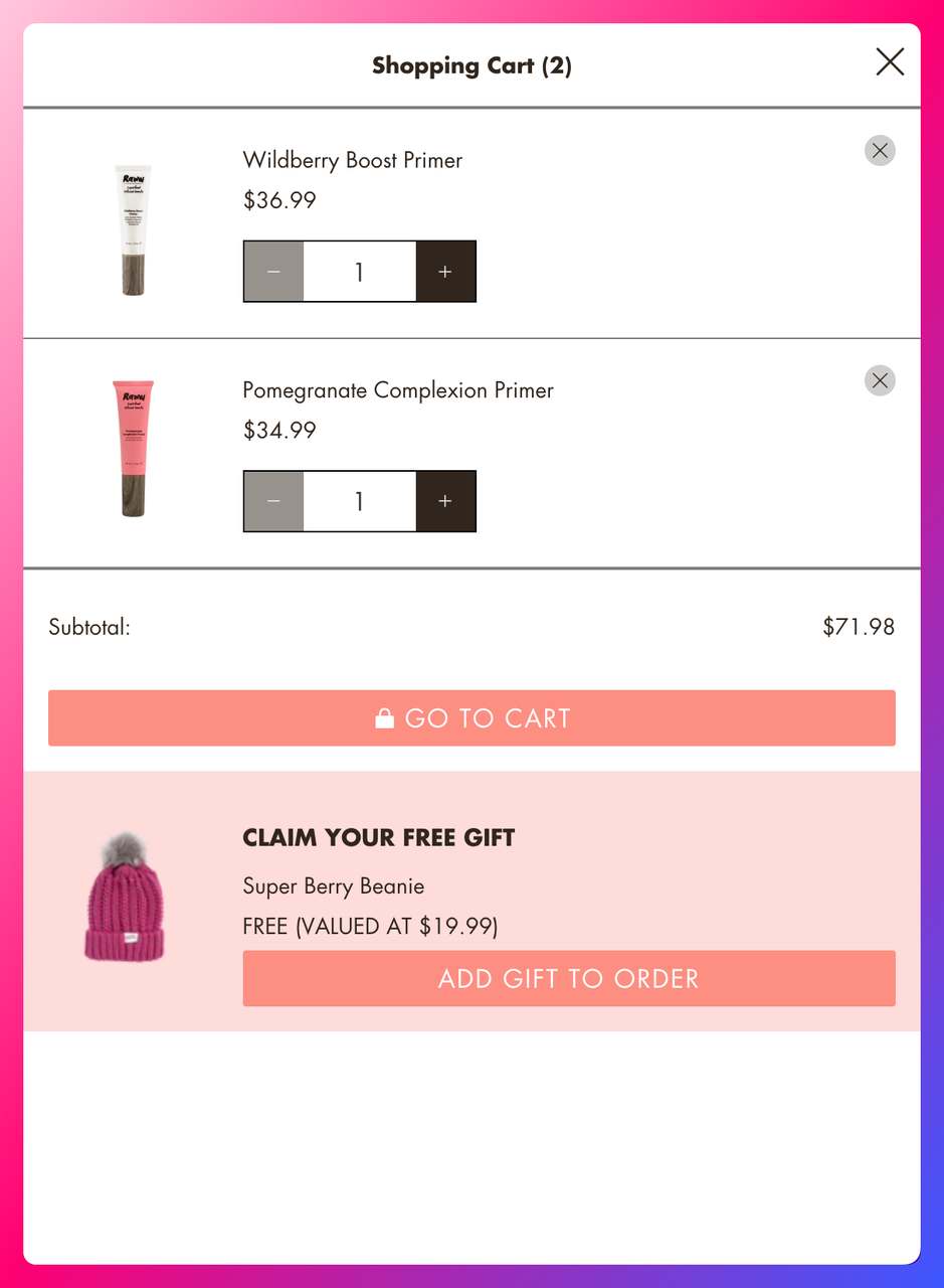 Raww Cosmetics checkout page free-gift popup promoting a bonus item for finishing the order