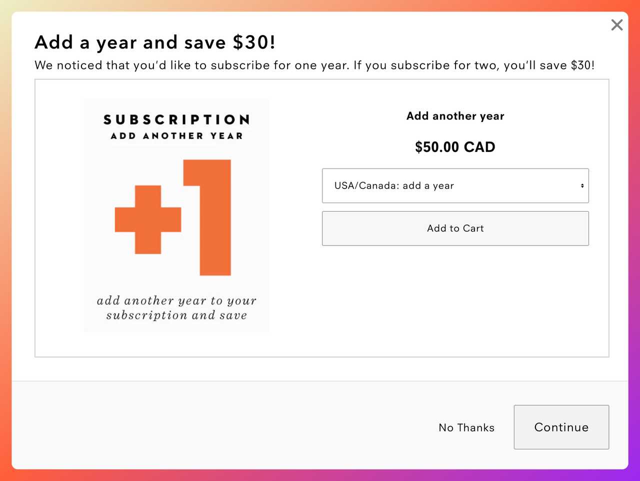 Uppercase Magazine cart abandonment popup showing a $30 savings for a two-year subscription plan