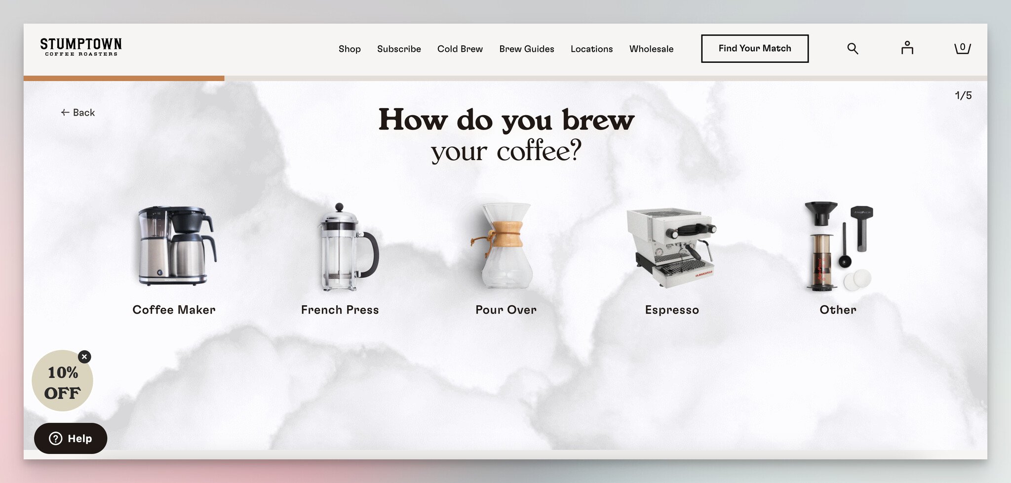 Stumptown Coffee'nin kahve tavsiye testinin ikinci adımı, bir lead generation formu örneği