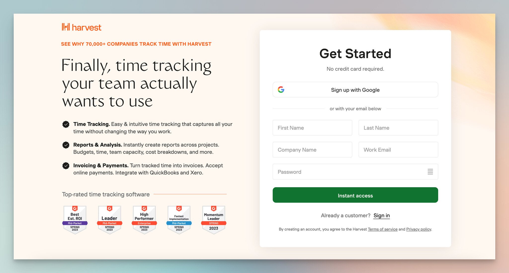 Harvest'ın kayıt formu, bir lead generation form örneği