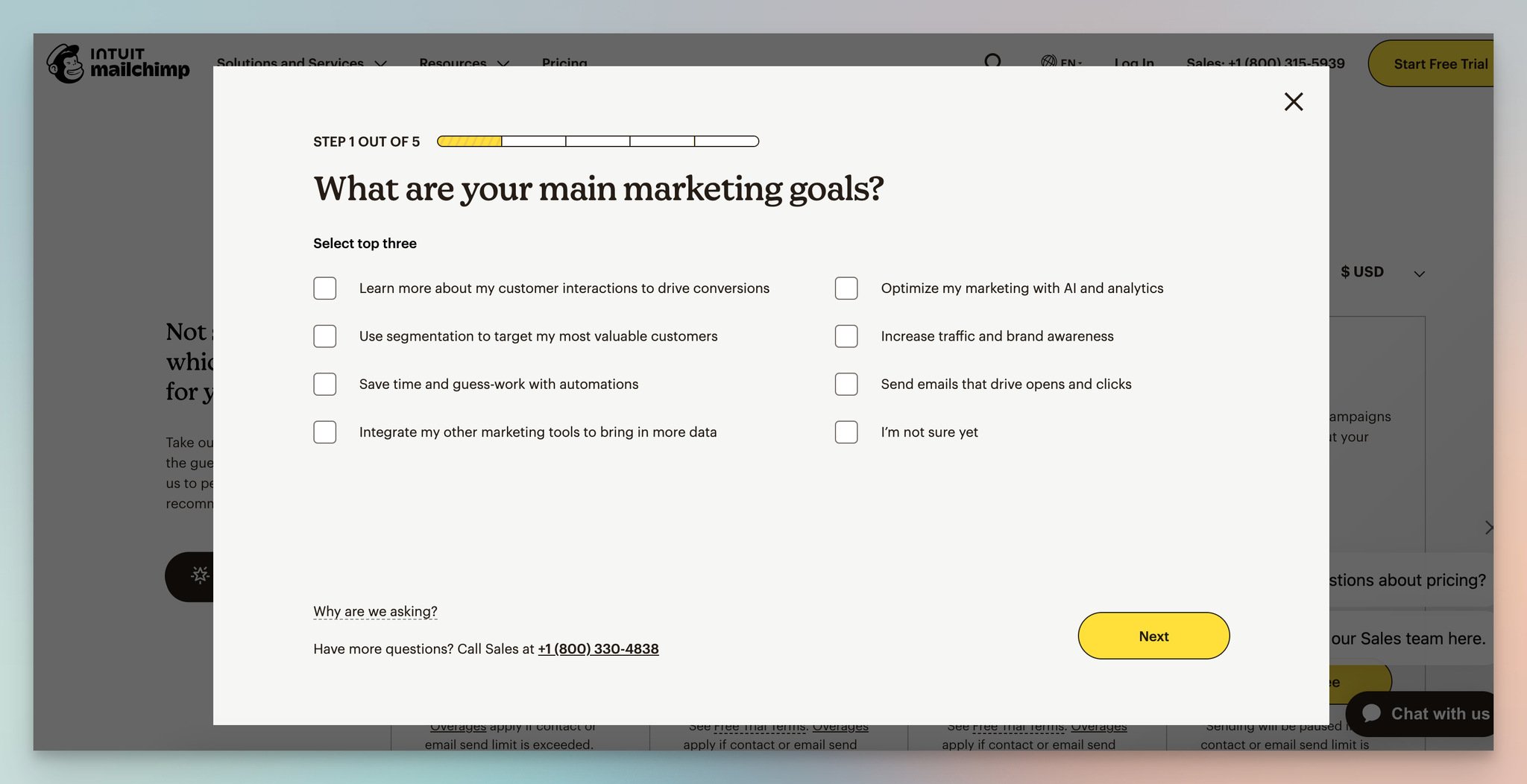 Uygun plan seçimi için Mailchimp'in quiz formunun ikinci adımı, lead generation formuna bir örnek
