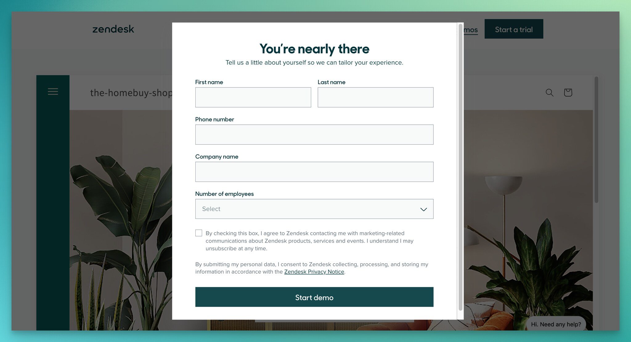 Zendesk'in demo formunu görüntülemek için bir sınavın son adımı, bir lead generation formu örneği