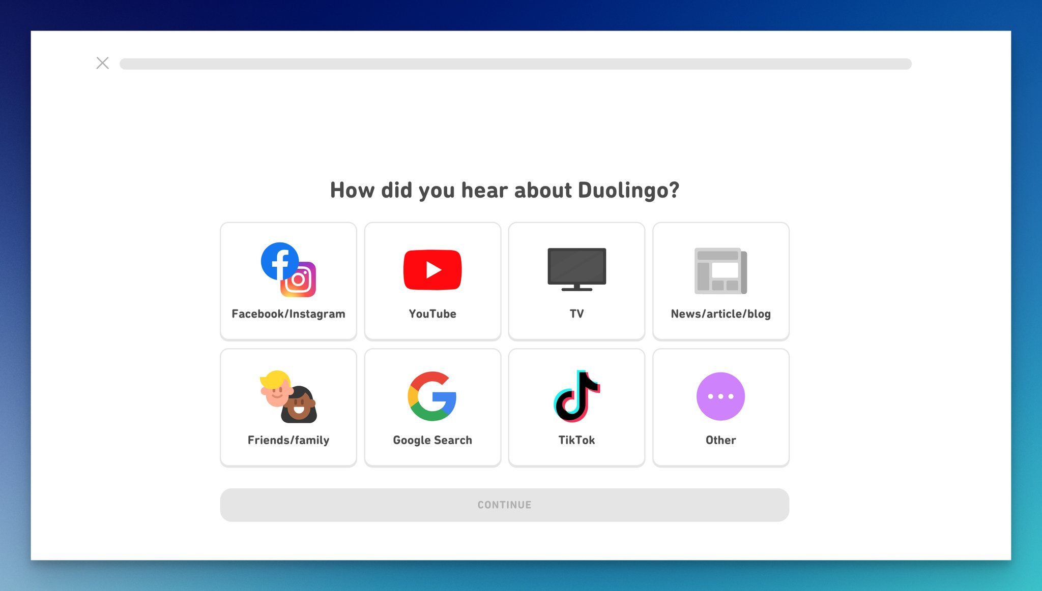 Duolingo'nun onboarding formunun ikinci adımı, bu bir lead generation formu örneğidir