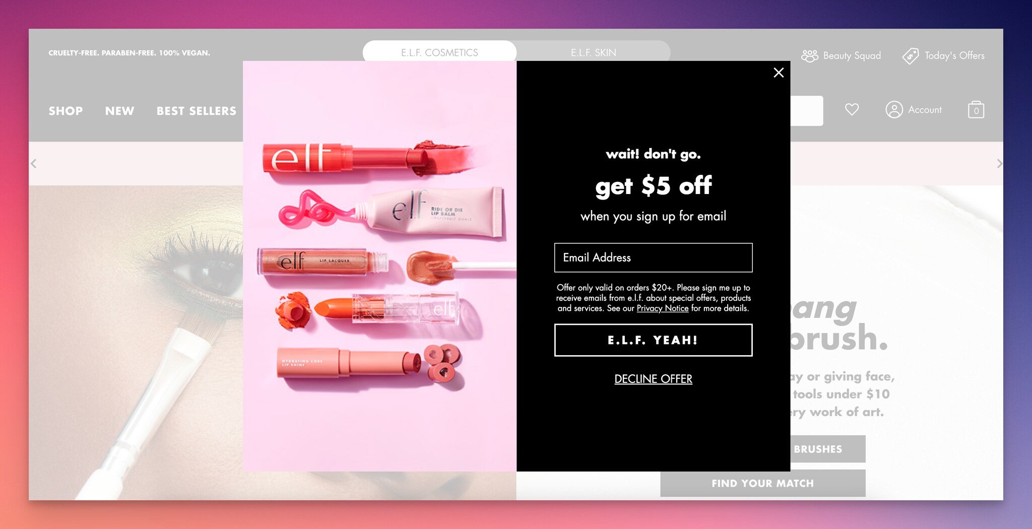 e.l.f. Cosmetics'in indirimli çıkış niyet formu, bu bir potansiyel müşteri edinme formu örneği