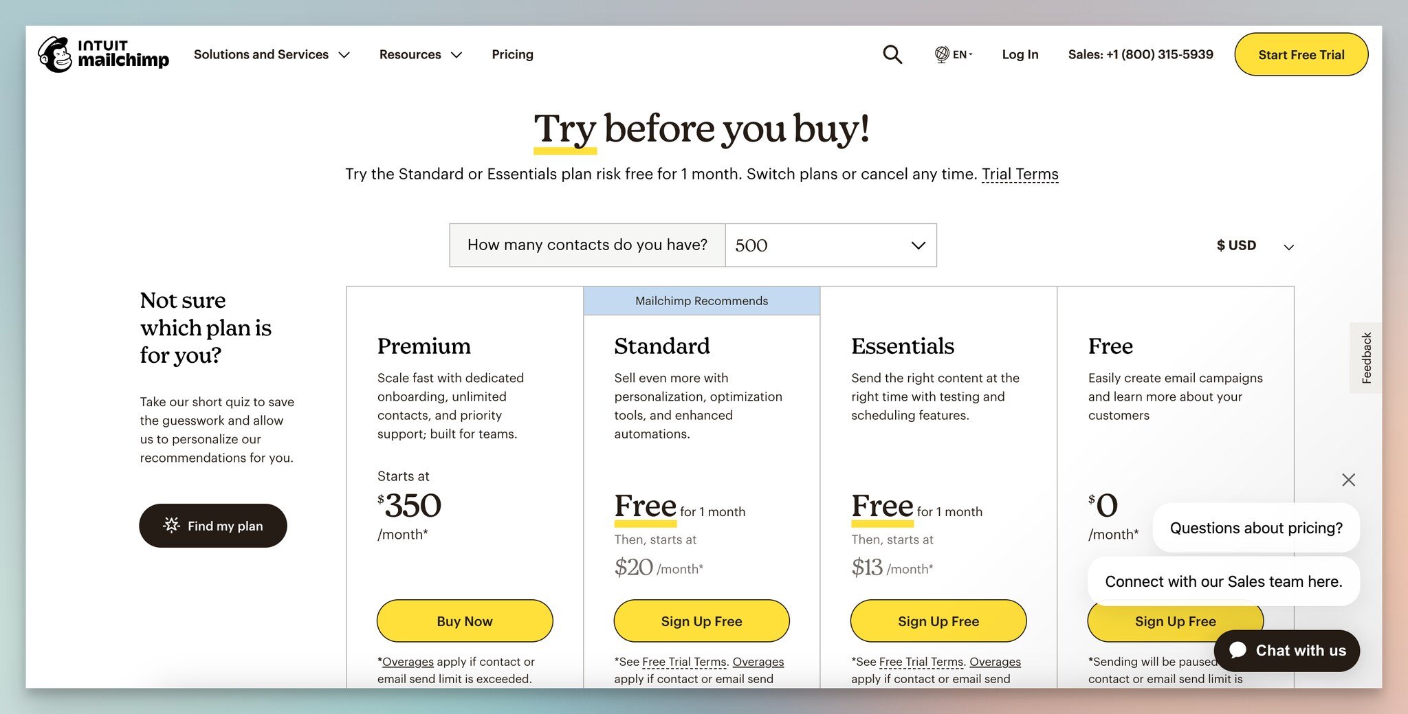 Uygun plan seçimi için Mailchimp'in quiz formunun ilk adımı, lead generation formuna bir örnek