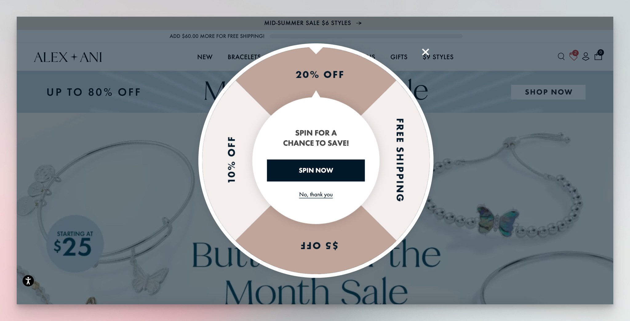 Alex ve Ani'nin indirim için oyunlaştırma pop-up örneği