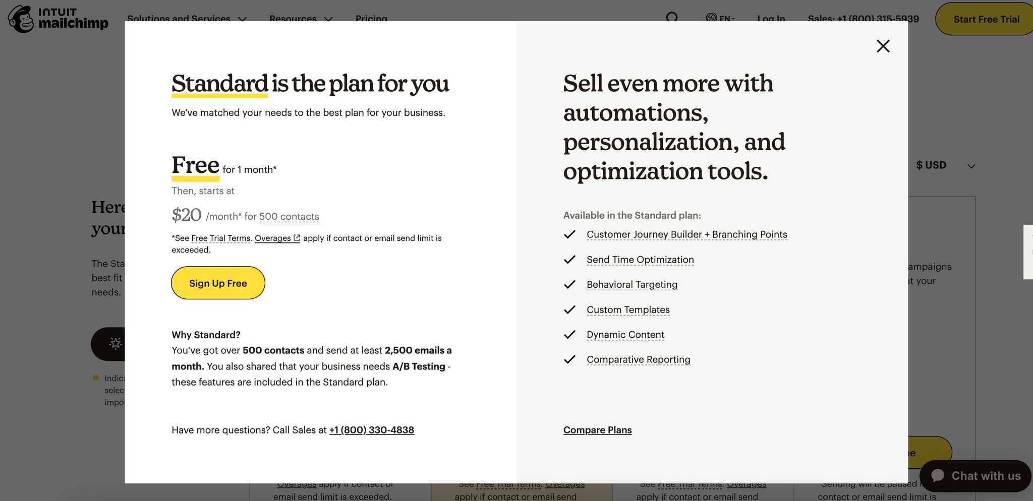 Uygun plan seçimi için Mailchimp'in quiz formunun son adımı, lead generation formuna bir örnek