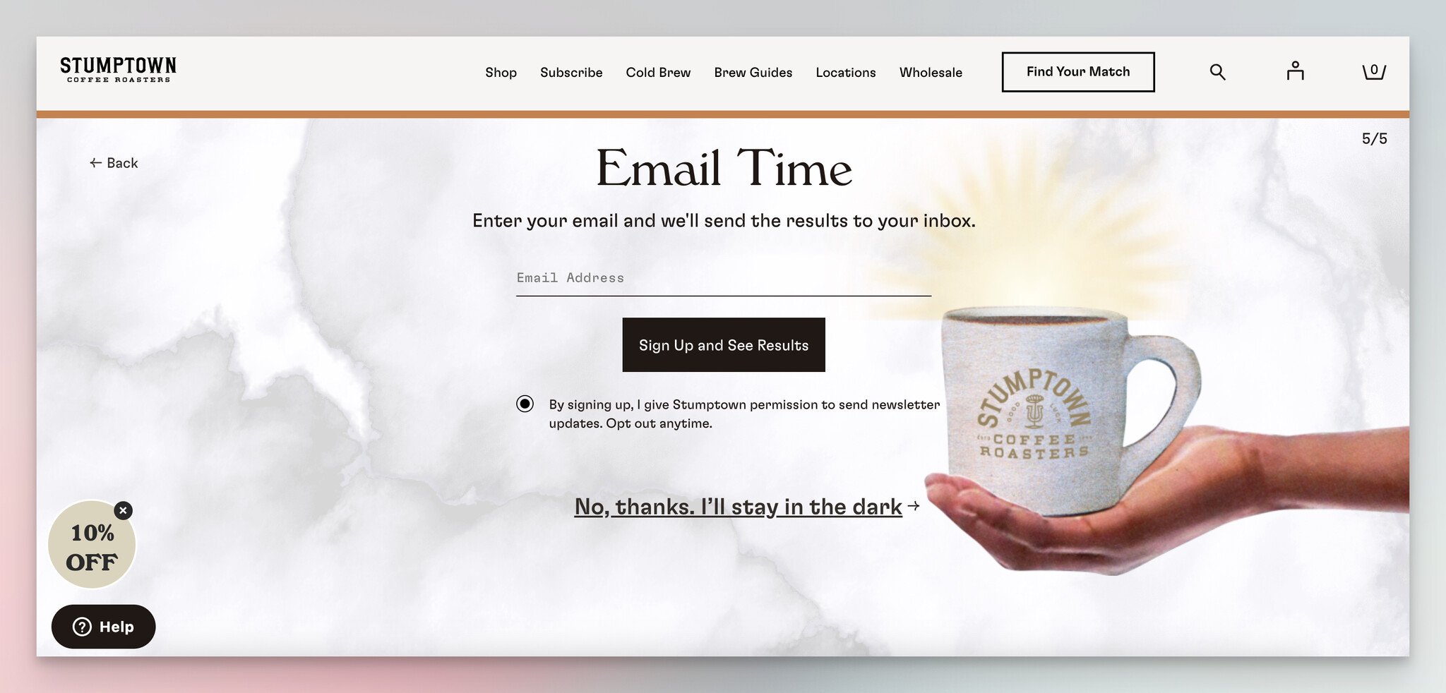 Stumptown Coffee'nin kahve tavsiye testinin son adımı, bir lead generation formu örneği