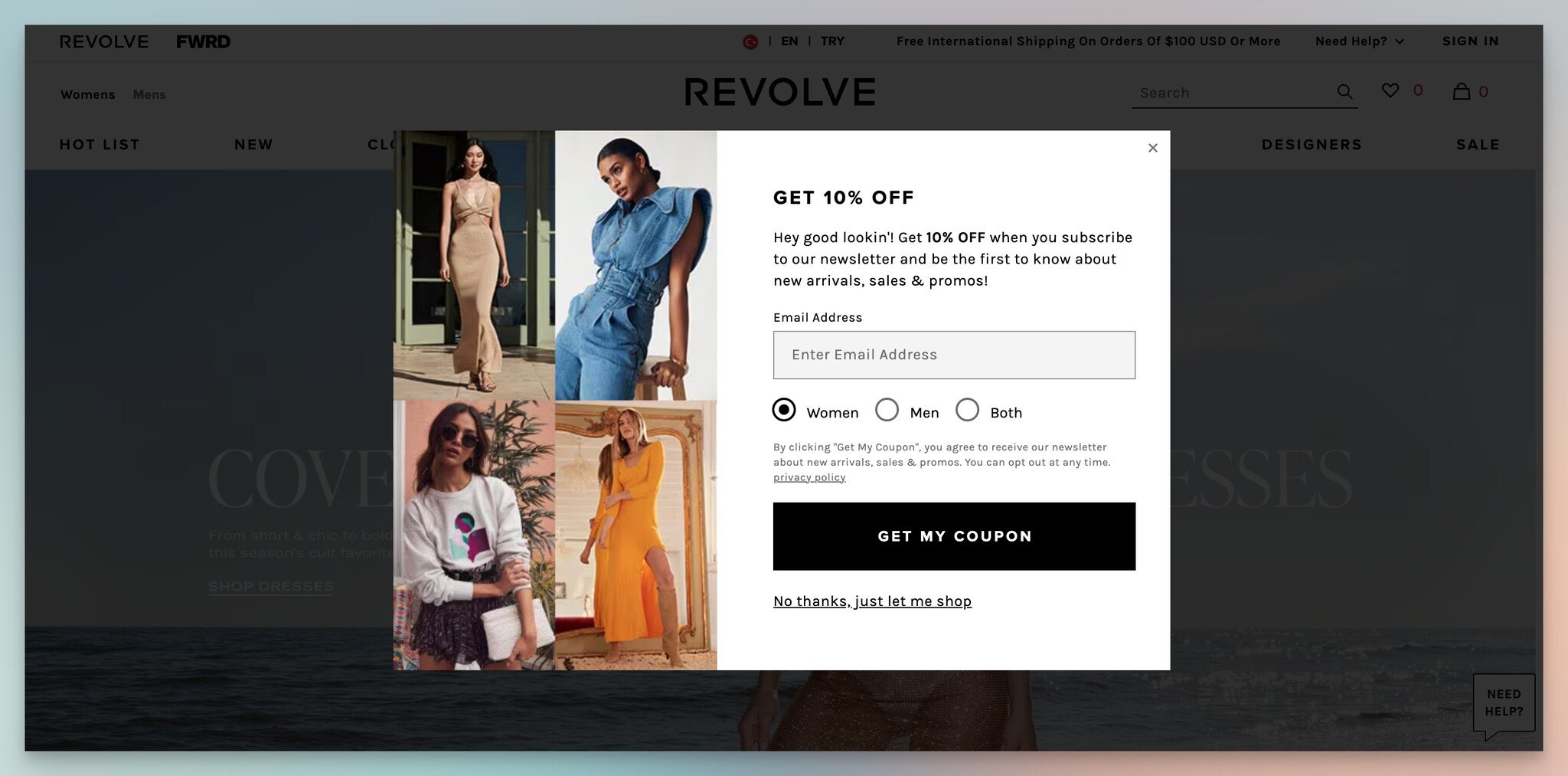 Revolve'un segmentasyon için oluşturduğu lead generation form örneği
