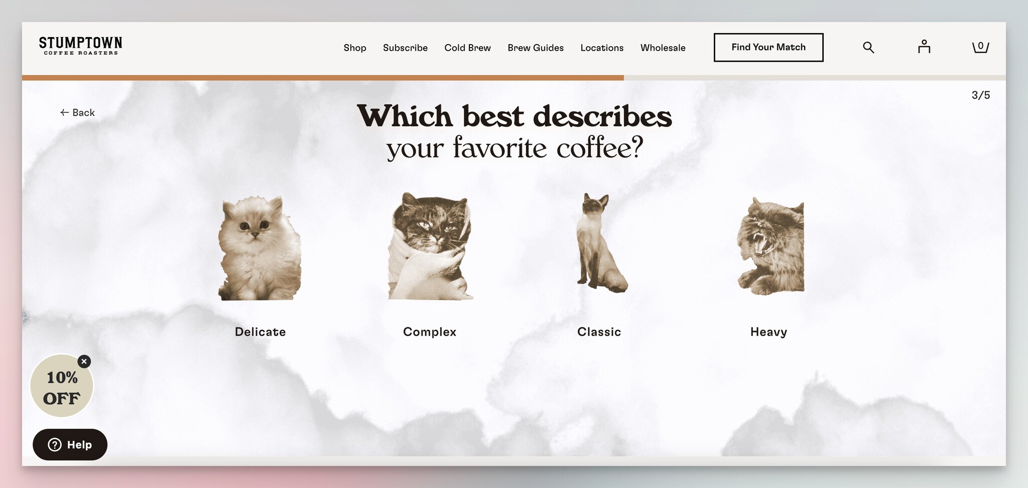 Stumptown Coffee'nin kahve tavsiye testinin üçüncü adımı, bir lead generation formu örneği