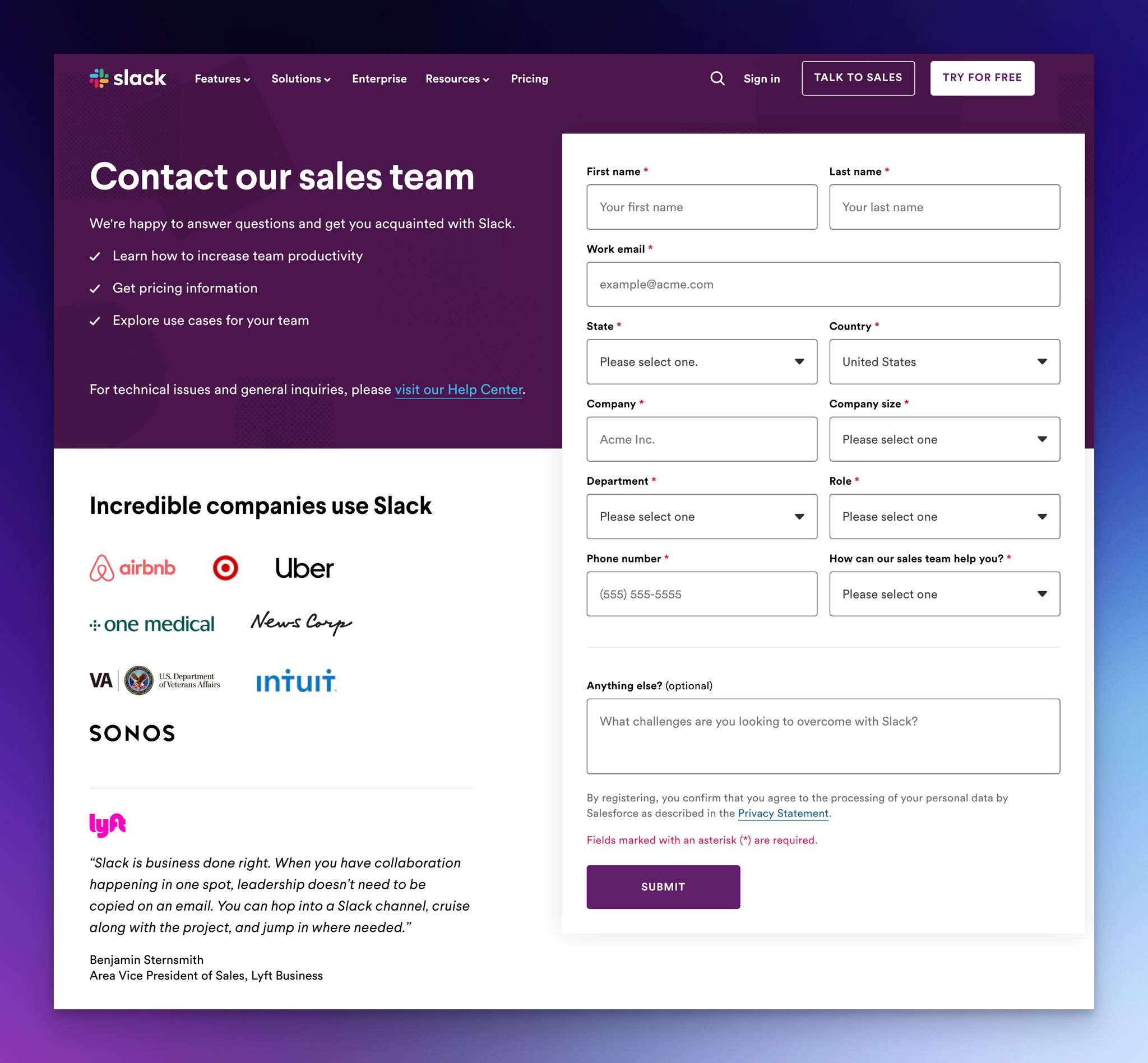 Slack'ın satış ekibiyle iletişim formu, bu bir potansiyel müşteri oluşturma formu örneğidir