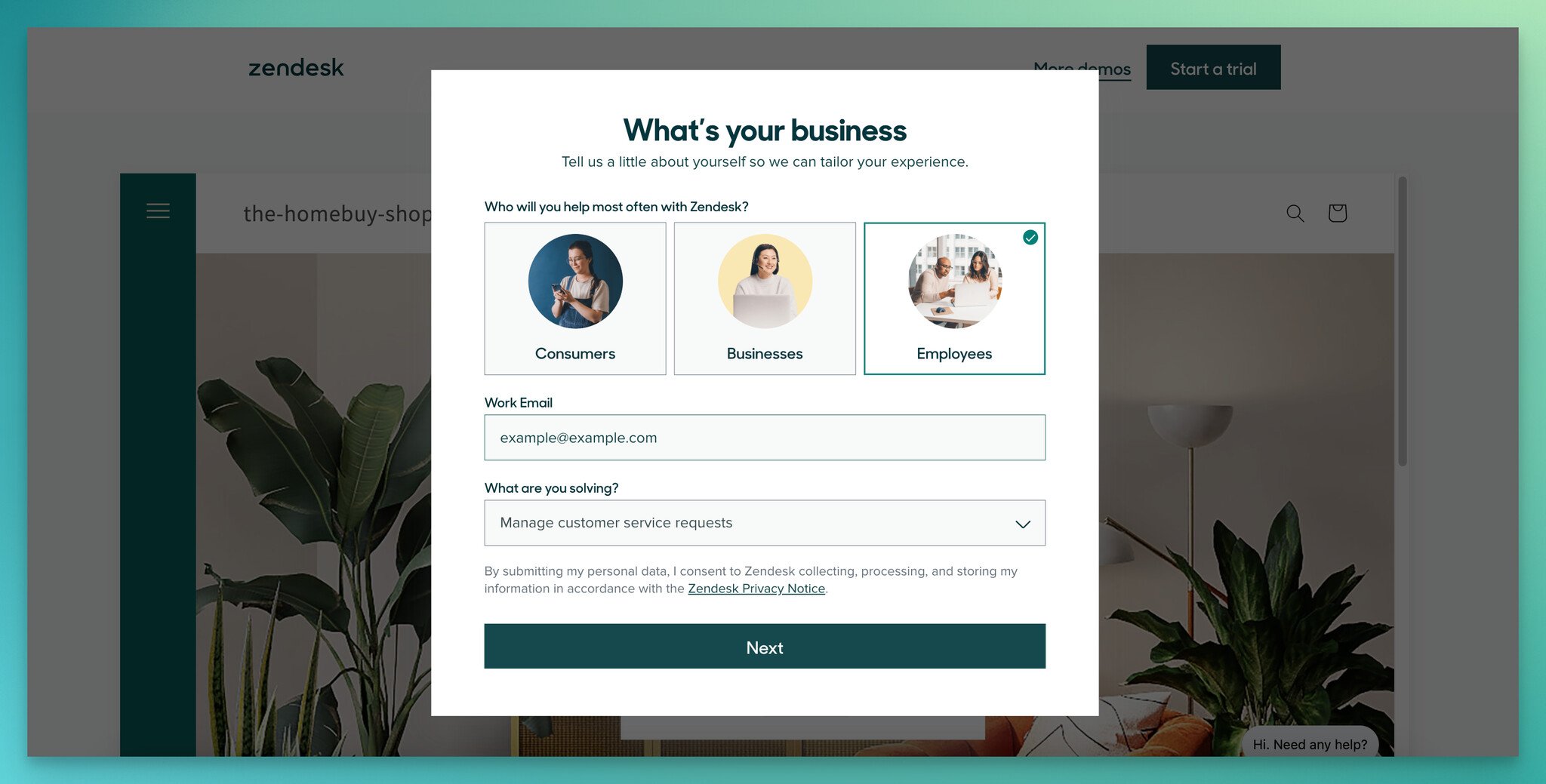 Zendesk'in demo formunu görüntülemek için bir sınavın ilk adımı, bir lead generation formu örneği