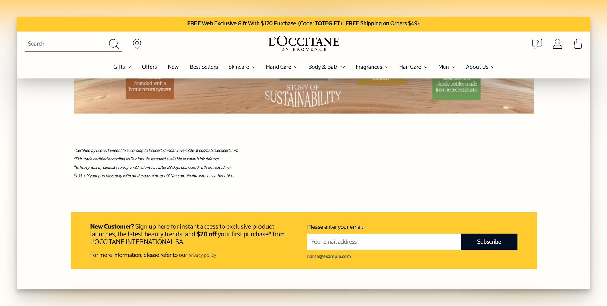 L'Occitane'nın ilk alışveriş için indirim sağlayan formu, bu bir lead generation form örneğidir