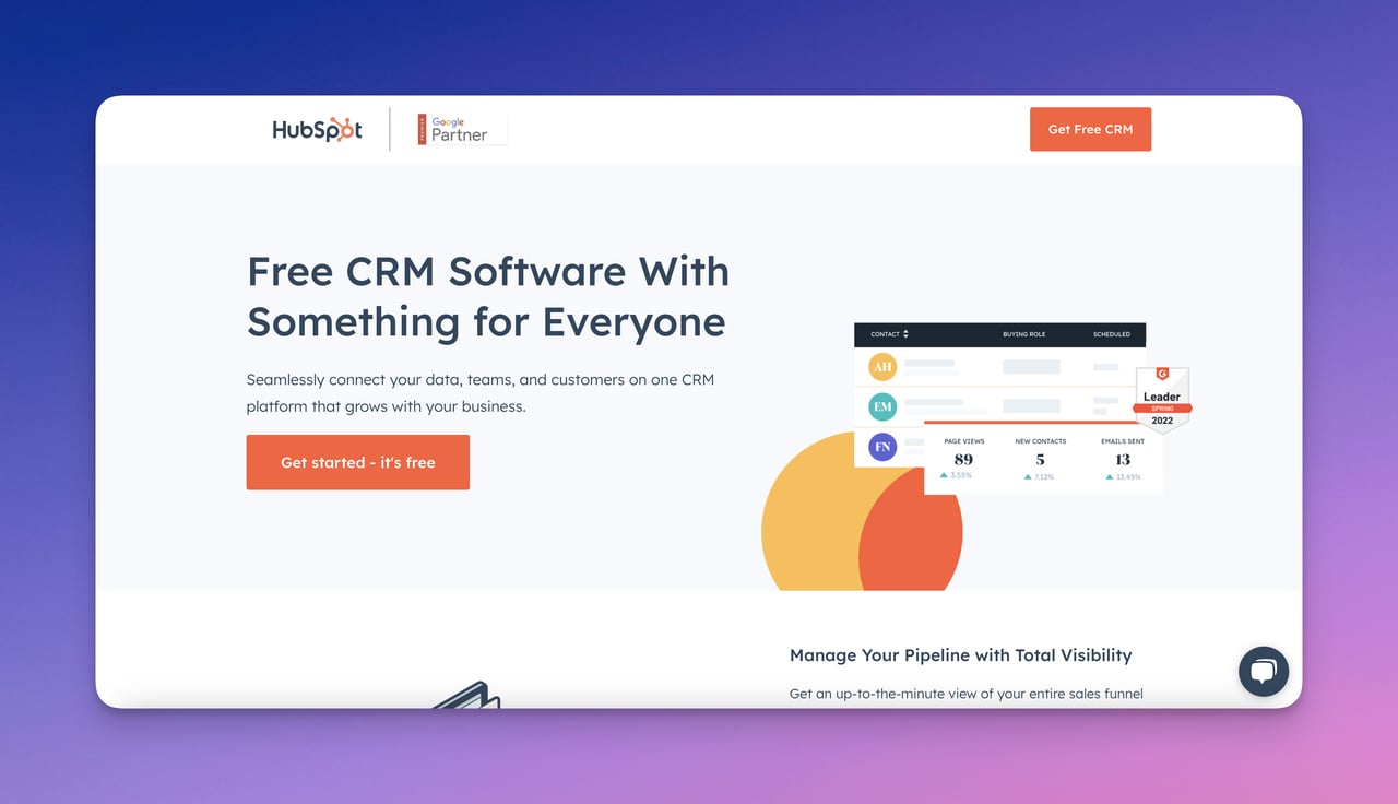 HubSpot CRM'in açılış sayfası