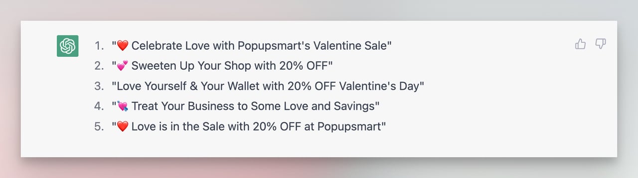Popupsmart Sevgililer Günü Kampanyası e-posta konu başlıkları için ChatGPT yanıtı