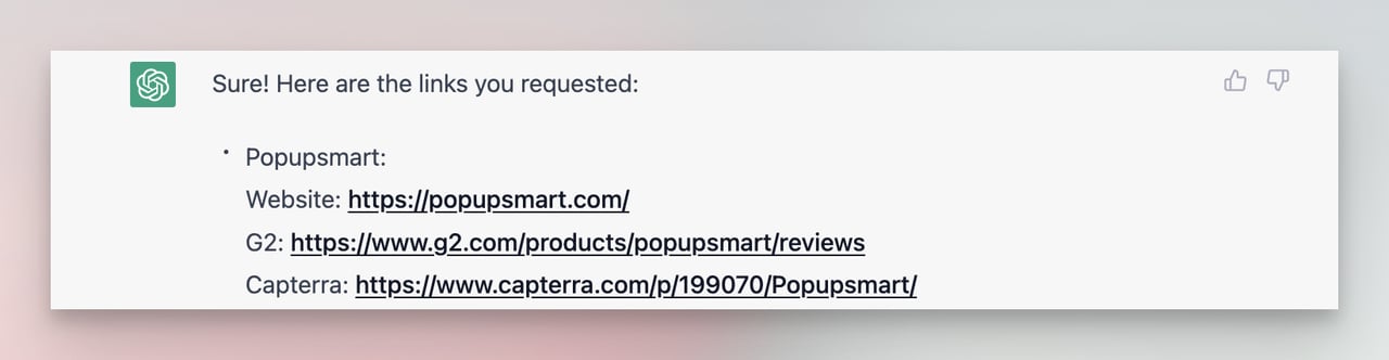 ChatGPT'nin Popupsmart'ın web sitesi, G2 ve Capterra bağlantılarını verme