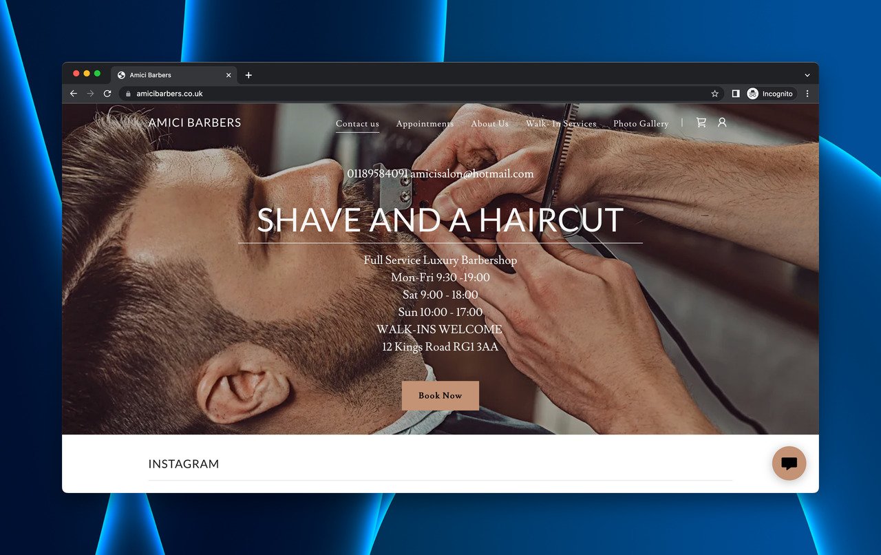Amici Barbers'ın erkek bakımına yönelik açılış sayfası