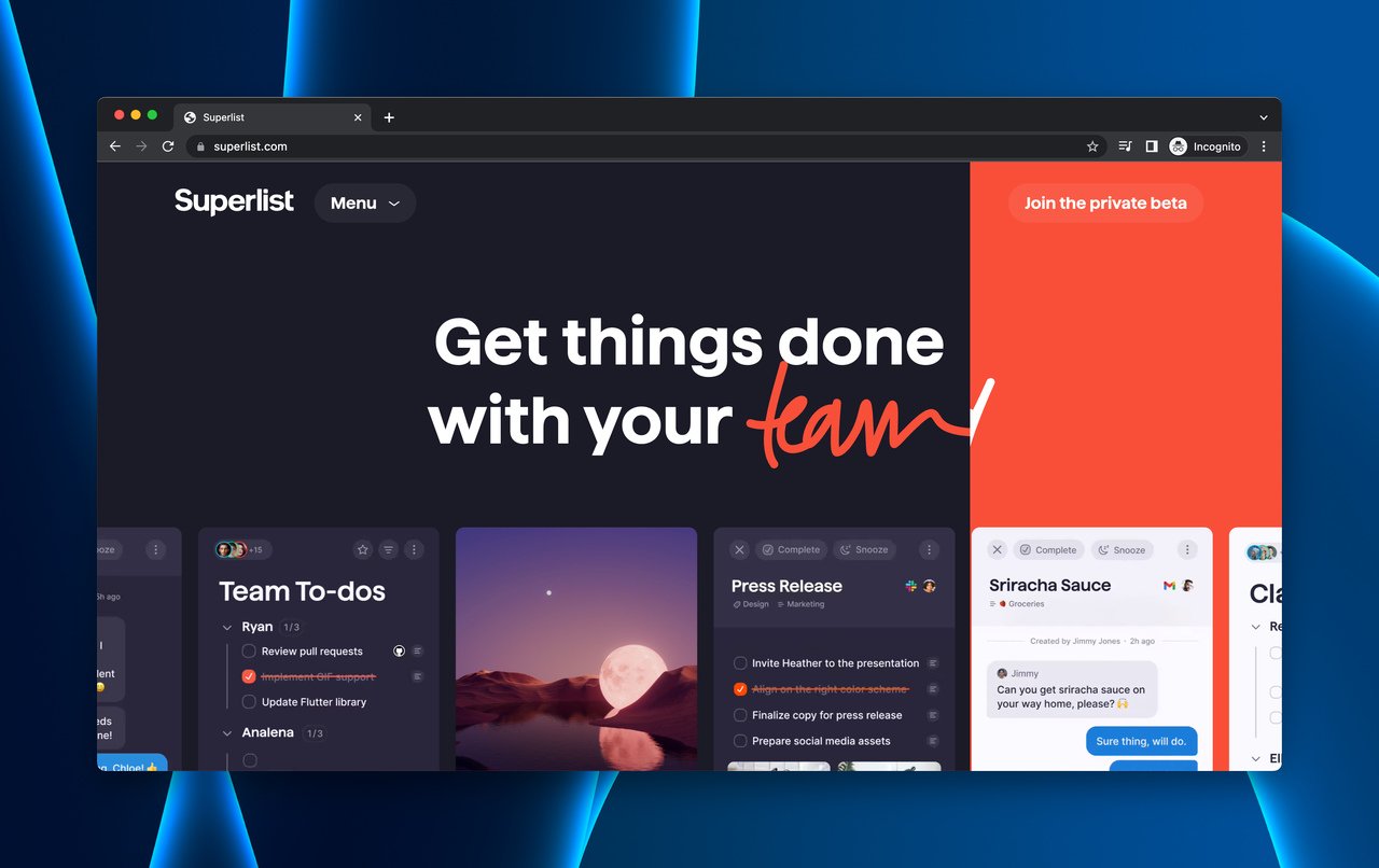 Superlist'in etkileşimli web sitesinin üst kısmı