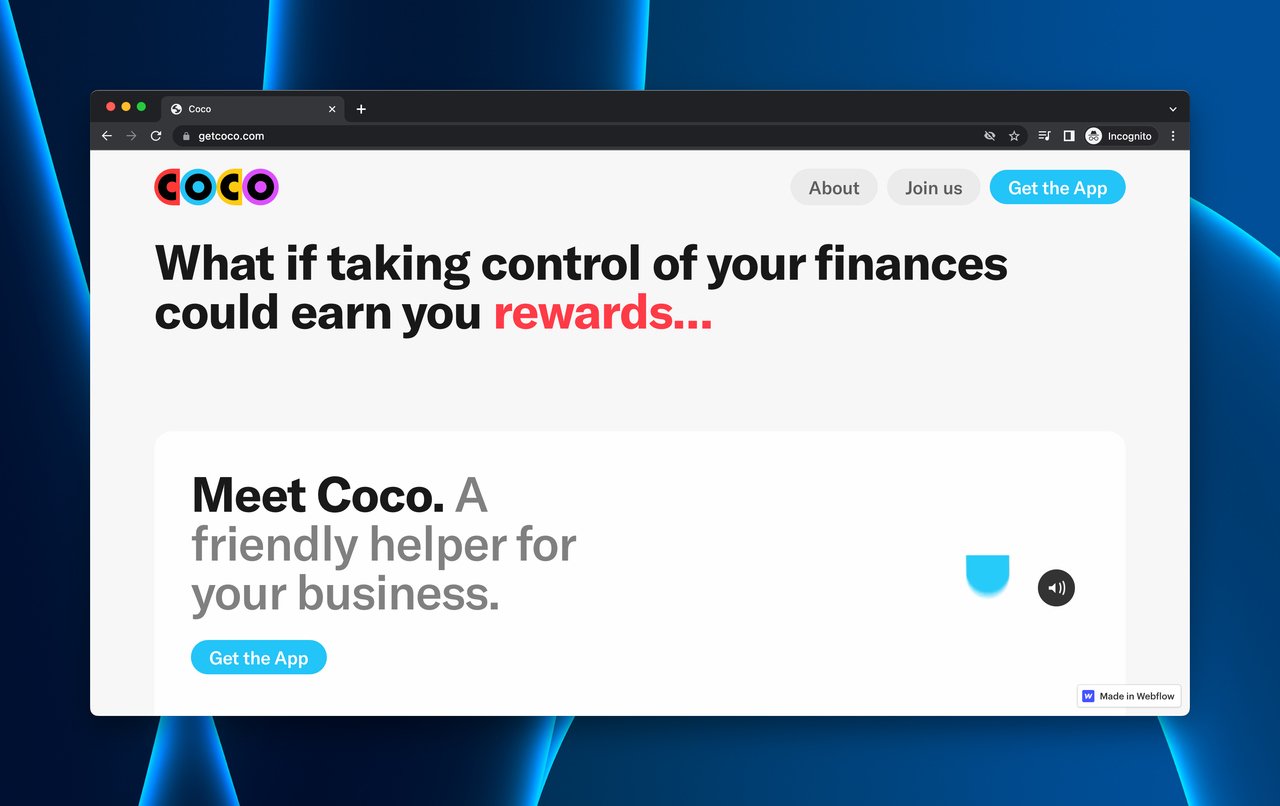 Coco'nun mottoları ve tanıtımı içeren web sitesi